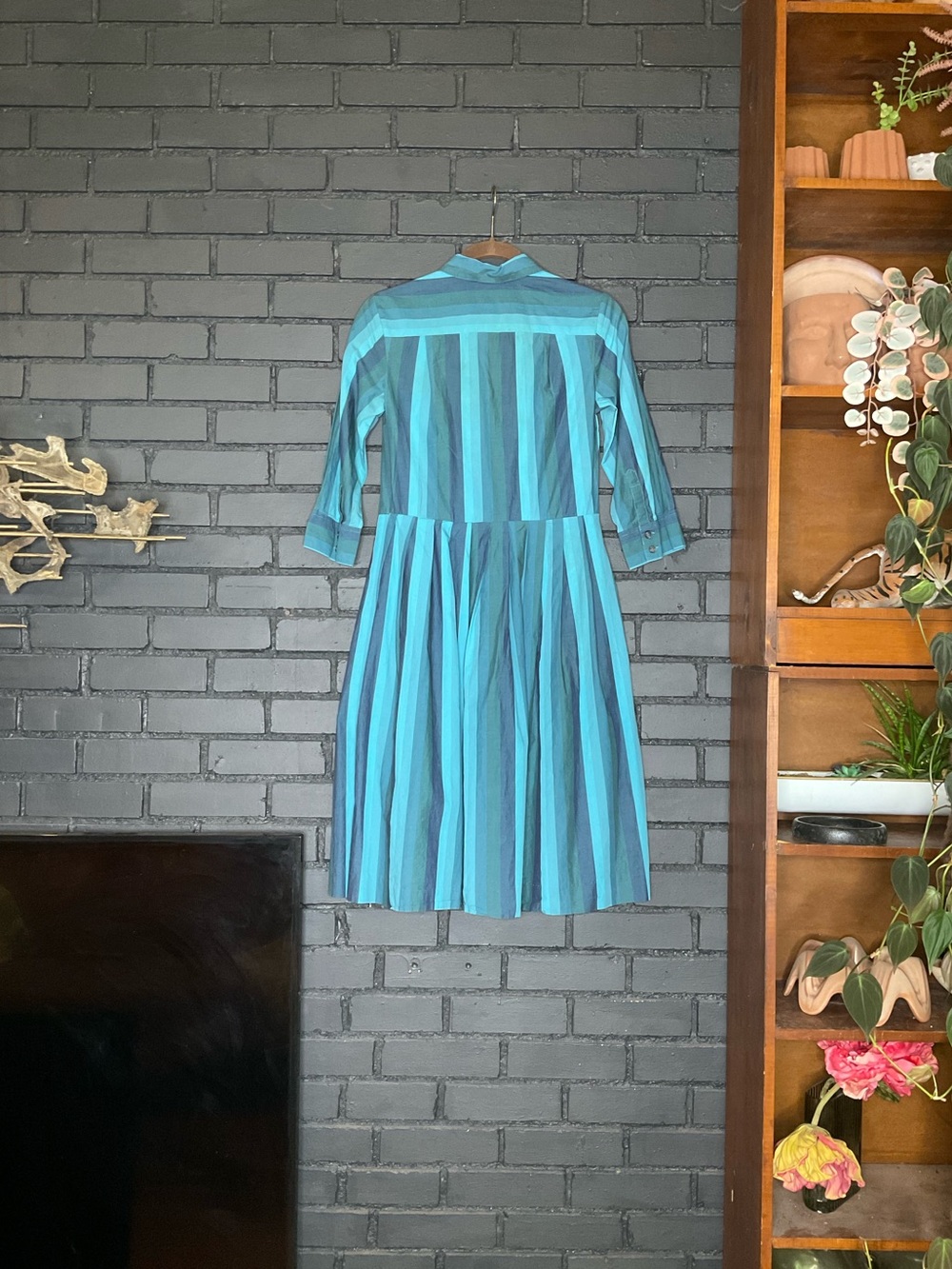 Retro 50’s Poplin Turquoise Striped Party Cocktail Dress Pleated Skirt Sz 4 - Picture 2 of 4